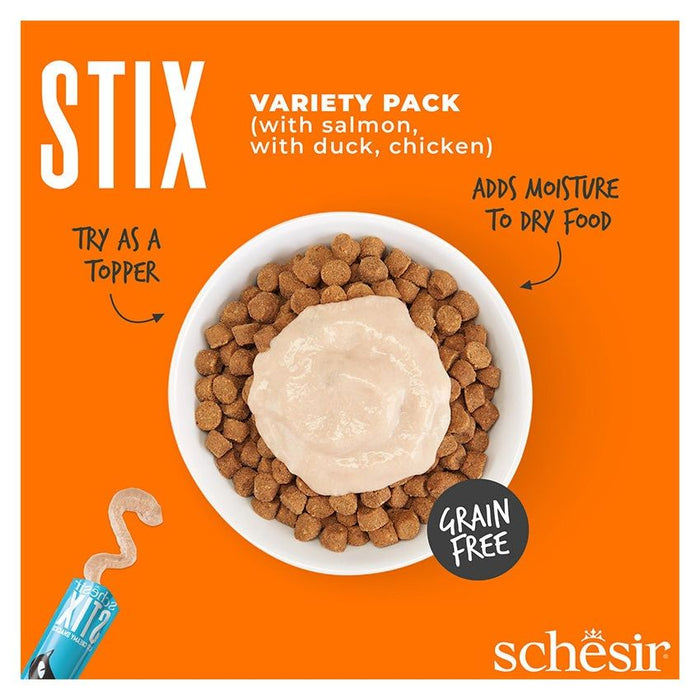 SCHESIR STIX أكياس للقطط 12X6X15G تشكيلة دجاج وبط وسلمون غنية بالبروتين