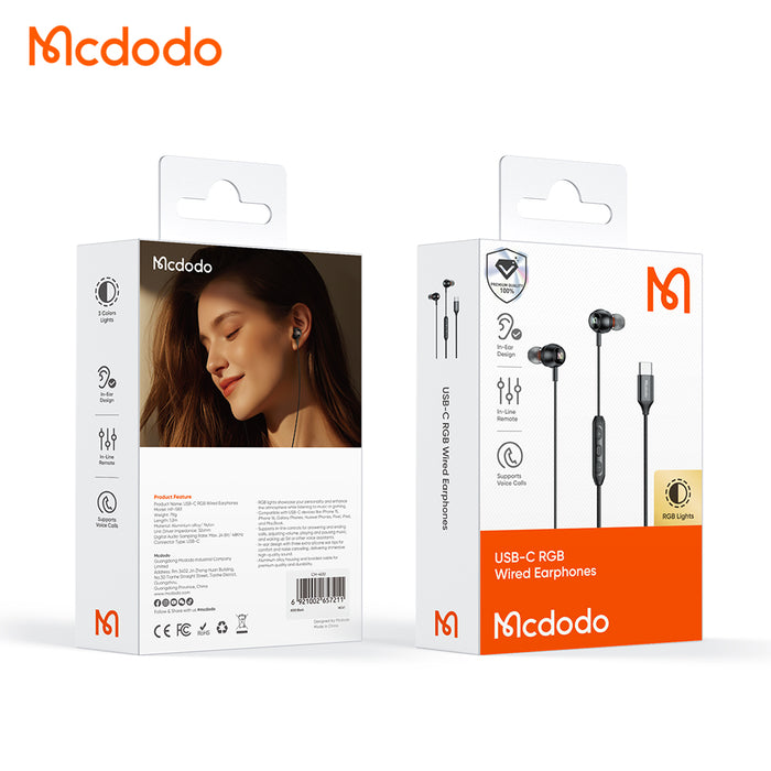 سماعات أذن سلكية RGB USB-C بطول 1.2 متر وصوت عالي الجودة مع تصميم مريح وعزل الضوضاء من Mcdodo
