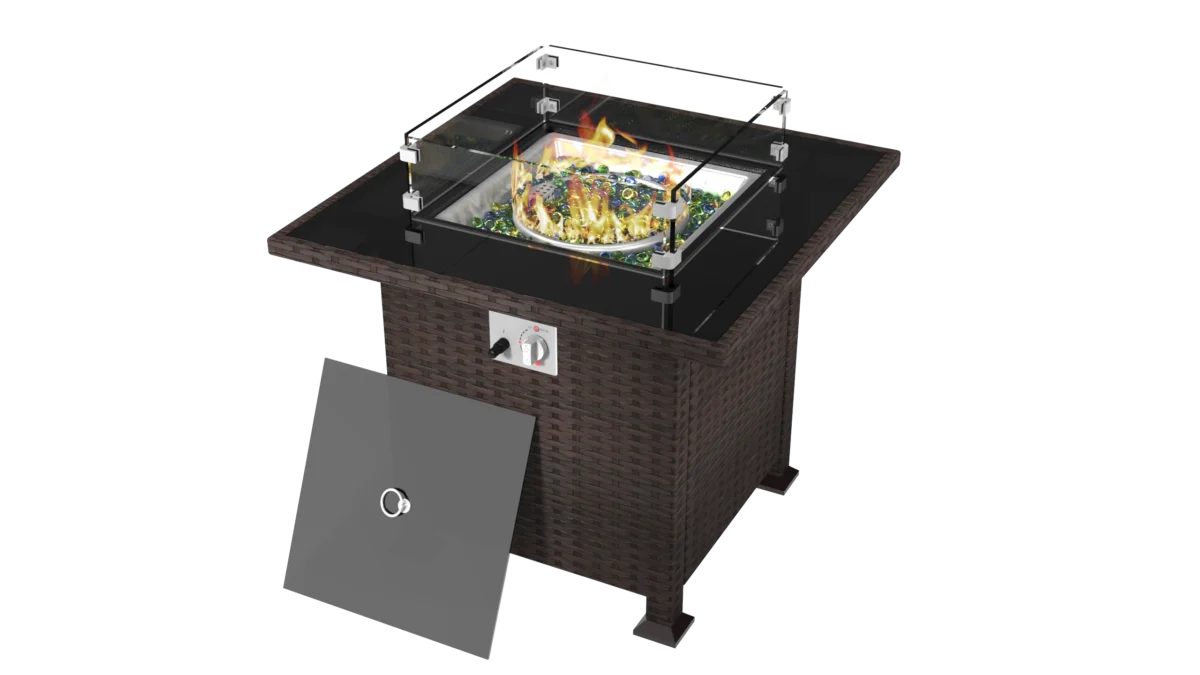 طاولة نار غازية مربعة بإطار فولاذي بني وغطاء زجاجي لحماية المساحات الخارجية