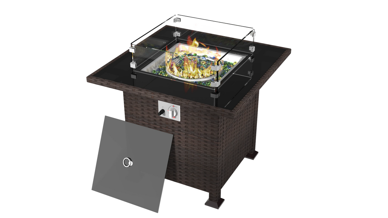 طاولة نار غازية مربعة بإطار فولاذي بني وغطاء زجاجي لحماية المساحات الخارجية