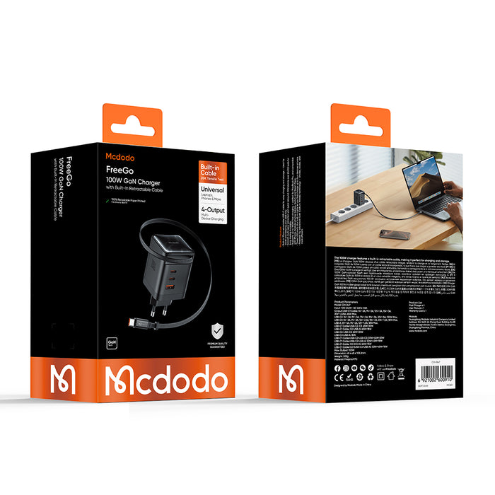 شاحن Mcdodo GaN 100 واط 3C+1A مع كابل USB-C قابل للسحب 65 سم آمن ومتين من Mcdodo