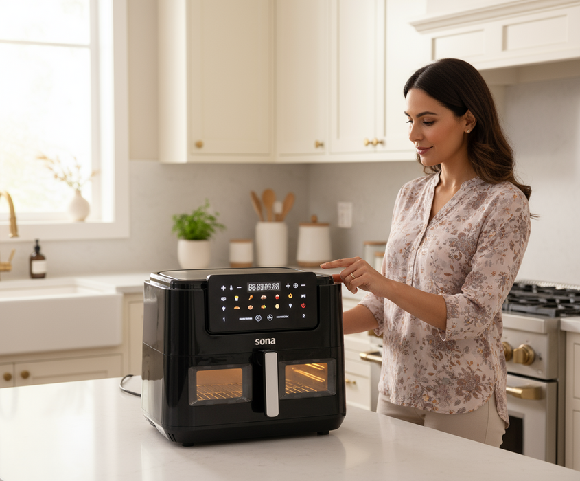 مقلاة هوائية سونا بسعة 10 لتر 2600 واط لون اسود  مع نظام فاصل للطبخ على الجهتين او جهة واحدة