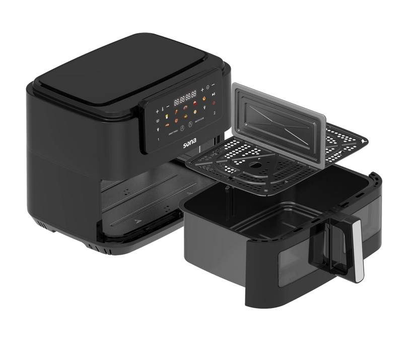 مقلاة هوائية سونا بسعة 10 لتر 2600 واط لون اسود  مع نظام فاصل للطبخ على الجهتين او جهة واحدة