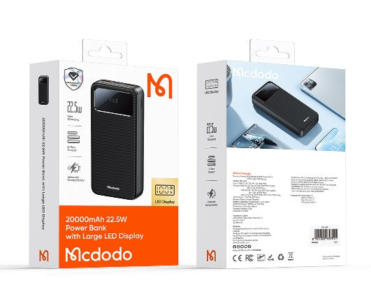 باور بانك 20000mAh مع شاشة LED كبيرة، شاحن سريع 4 في 1 يدعم PD وQC وSCP وVOOC من Mcdodo