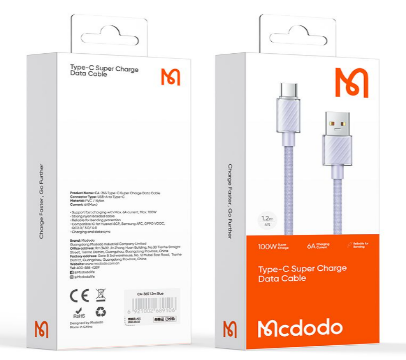 كابل شفاف Type-C 6A بطول 1.2م يدعم الشحن السريع وقوي ومتين من Mcdodo