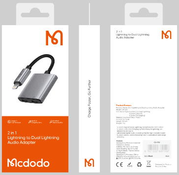 محول صوتي مزدوج Lightning 2 في 1 لشحن وتشغيل موسيقى وضبط مكالمات عالية الدقة من Mcdodo