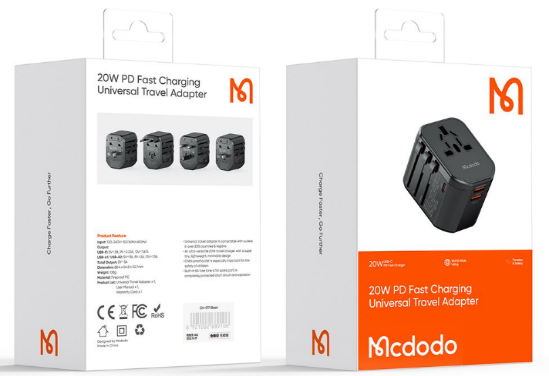 محول سفر عالمي 20W 1C+2A+1AC مع شحن سريع وتصميم خفيف الوزن للمسافرين من Mcdodo