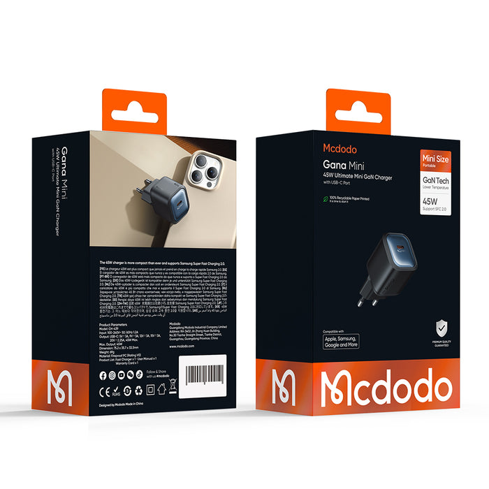 شاحن 45 واط 1C ميني غان النهائي من Mcdodo، صغير وقوي يدعم الشحن السريع.