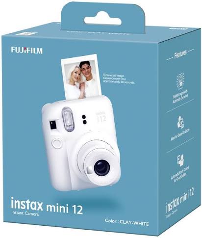 كاميرا تصوير فورية فوجي فيلم إنستكس ميني 12 لون أبيض صلصالي مع تحكم فلاش تلقائي من Fujifilm