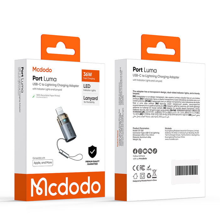 محول شحن USB-C إلى Lightning بقوة 36 واط، تصميم متين ودعم شحن سريع للأجهزة من Mcdodo