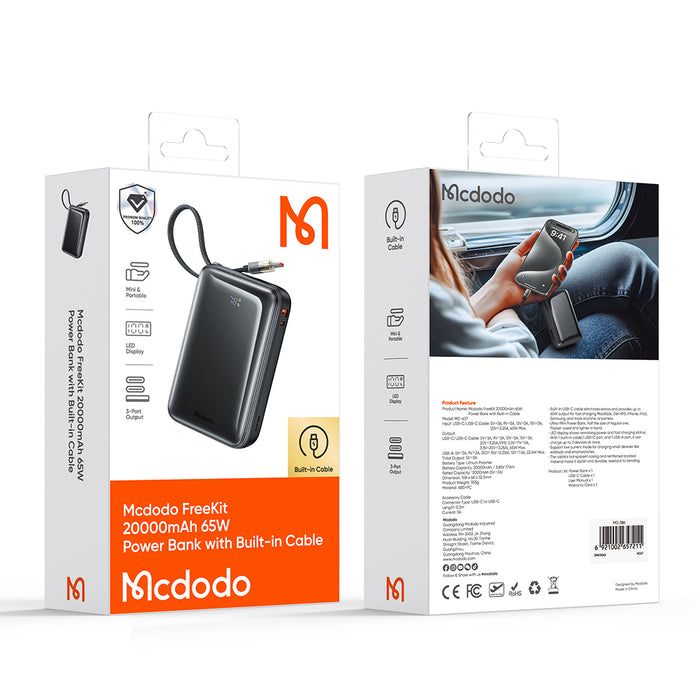 باور بانك 20000mAh 65W مع كابل مدمج وشاشة LED لشحن سريع في أي مكان من Mcdodo