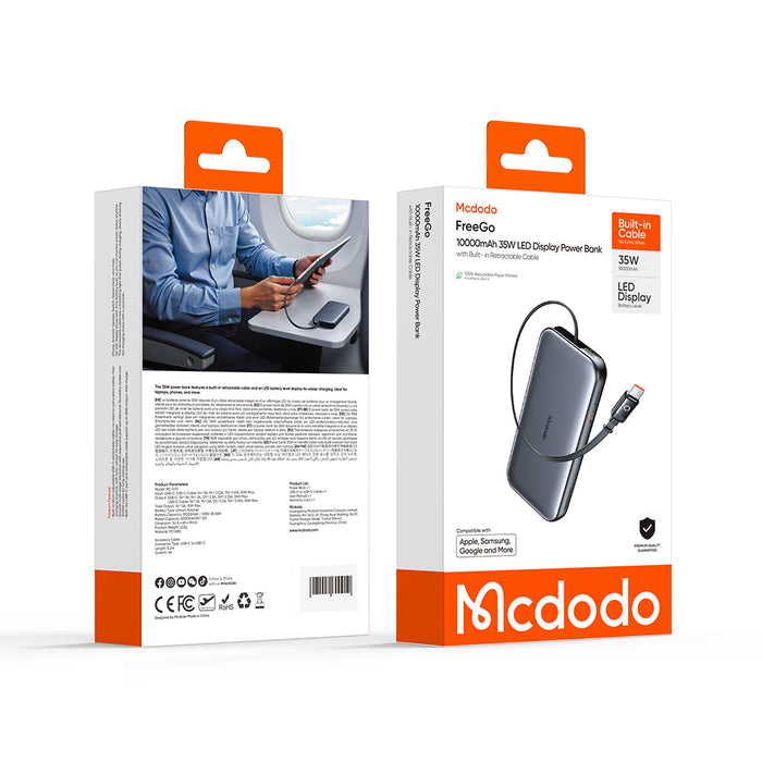 باور بنك 35 واط مع شاشة LED سعة 10000 مللي أمبير وكابل USB-C قابل للسحب فائق السرعة من Mcdodo