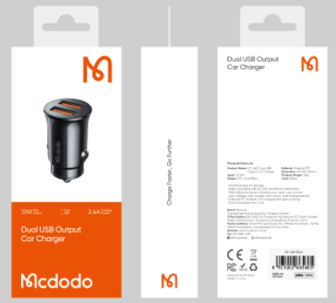 شاحن سيارة مزدوج USB 12 واط 2 أمبير، يدعم شحن سريع وآمن مع تصميم مقاوم للحريق من Mcdodo