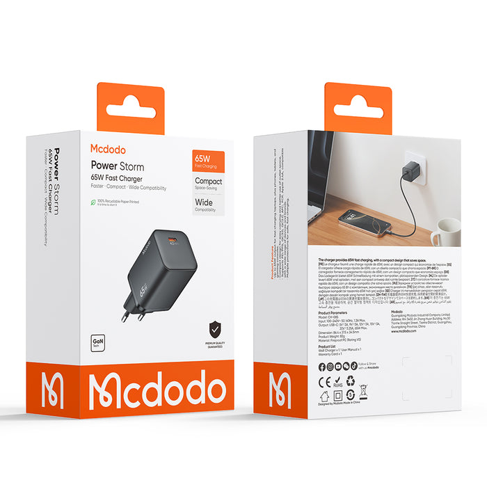 شاحن سريع 65 وات 1C PD (EU) يوفر شحن متعدد الفولت ويزيد فعالية الشحن. من Mcdodo