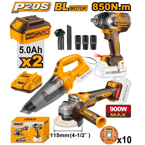 طقم درل لاسلكي INGCO 850Nm مع شاحن ومكنسة قابلة للشحن وبطاريتين 5AH من INGCO