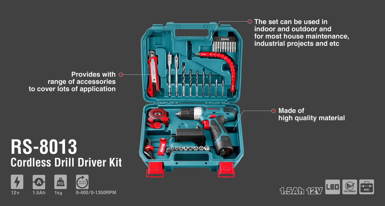دريل شحن مع طقم عدة وريش من RONIX