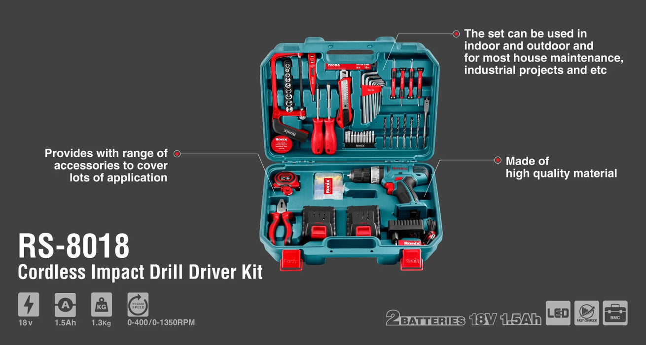 دريل شحن 18 فولت مع طقم عدة من RONIX