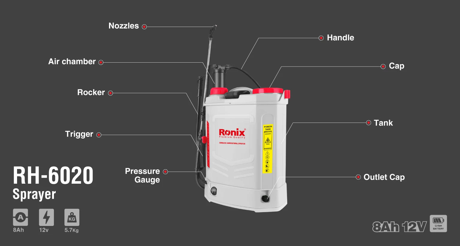 طرمبة رش شحن 20لتر RONIX RH-6020 V12 طرمبة رش شحن 20لتر RONIX RH-6020 V12