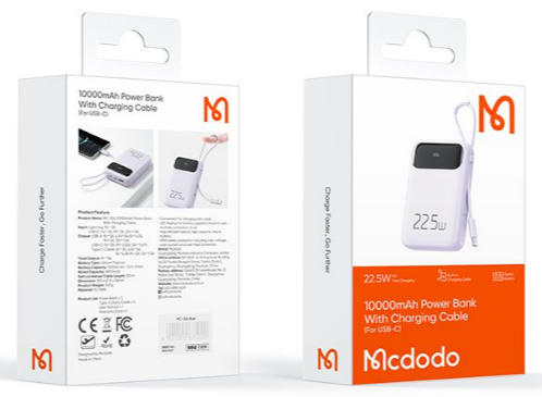 باور بانك 10000 مللي أمبير مع كابل شحن USB-C يدعم الشحن السريع PD وQC من Mcdodo