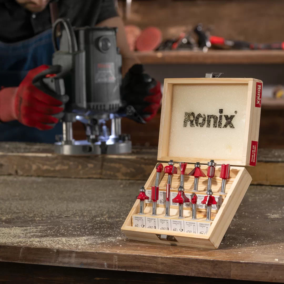 طقم ضربات راوتر 12 قطعه 6ملم من RONIX طقم ضربات راوتر 12 قطعه 6ملم من RONIX