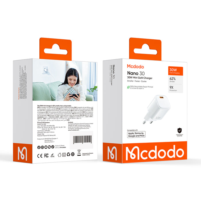 شاحن ميني غان 30 واط 1C (EU) سريع وآمن بتصميم مدمج ومقاوم للحريق من Mcdodo