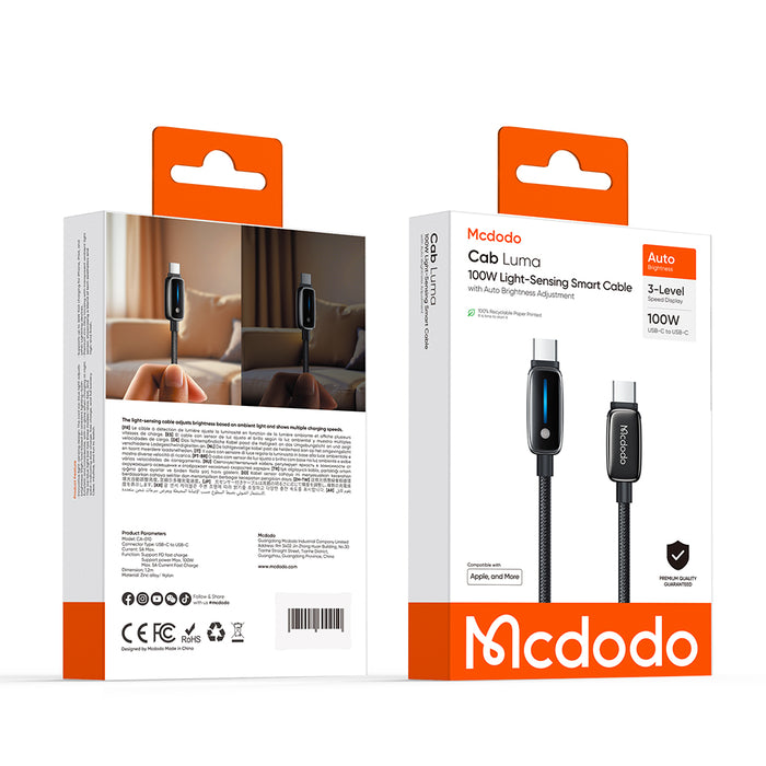كيبل ذكي USB-C إلى USB-C 1.2م بقدرة 100 واط وتصميم مبتكر مع كشف الضوء من Mcdodo