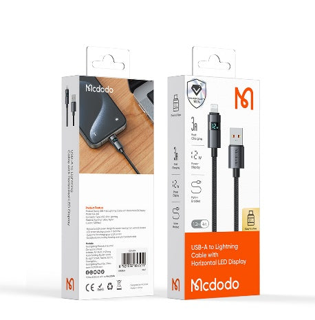 كابل USB-A إلى Lightning بزاوية عرض LED أفقية 1.2م، شحن سريع 3 أمبير. من Mcdodo