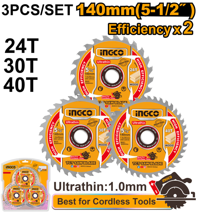 طقم طارة قص خشب 3 قطعة 5.1/2" 40-30-T24 لمنشار صينية لتقطيع سريع ودقيق من INGCO