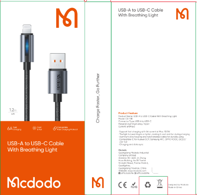 كابل USB-A إلى Lightning مع ضوء تنفس 1.2م، تيار 3 أمبير، تصميم متين ومضفر بالنايلون من Mcdodo