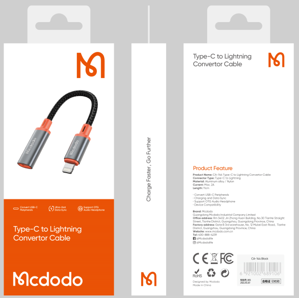 محول USB-C إلى Lightning، بحجم 32.48*15.25*10.05 ملم، يدعم الشحن والمزامنة. من Mcdodo