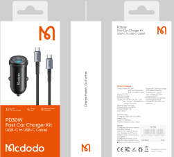 شاحن سيارة سريع 30 واط مع كابل USB-C بطول 1.2 متر يدعم تقنية PD من Mcdodo