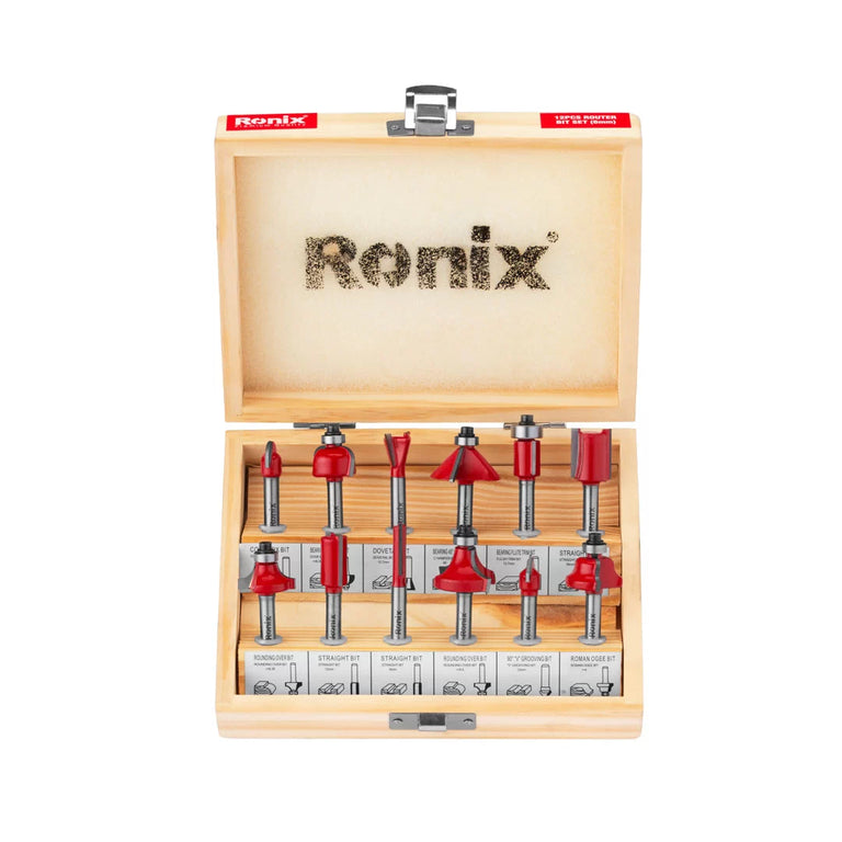 طقم ضربات راوتر 12 قطعه 6ملم من RONIX طقم ضربات راوتر 12 قطعه 6ملم من RONIX