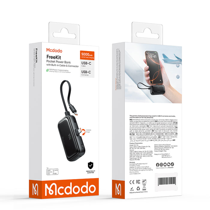 شاحن متنقل 5000mAh مع عرض رقمي وكابل مدمج يدعم الشحن السريع 22.5 واط من Mcdodo