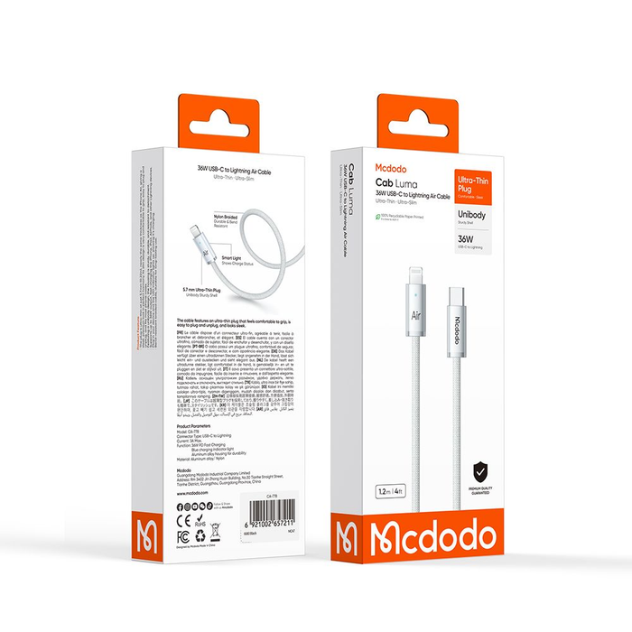 كابل USB-C إلى Lightning بقوة 36 واط وطول 1.2 متر مع شحن سريع ومؤشر LED من Mcdodo