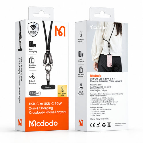 سلسلة lanyard للهاتف 60 واط 2 في 1 USB-C إلى USB-C بطول 1.2 متر ورافع 3 أمبير من Mcdodo