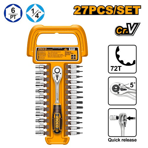 طقم بوكس 27 قطعة 1/4" من انكو، صلب Cr-V وS2، مقبض مريح وجودة عالية من INGCO