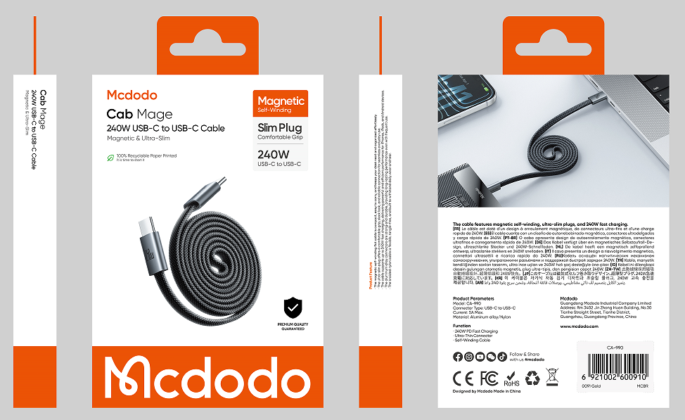 كابل مغناطيسي قابل للالتفاف USB-C إلى USB-C بقدرة 240 واط وطول 1 متر من Mcdodo