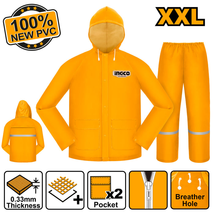 جاكيت وبنطلون مطري XXL انكو، مقاوم للماء مع فتحات تهوية، شريط عاكس وجيوب عديدة. من INGCO
