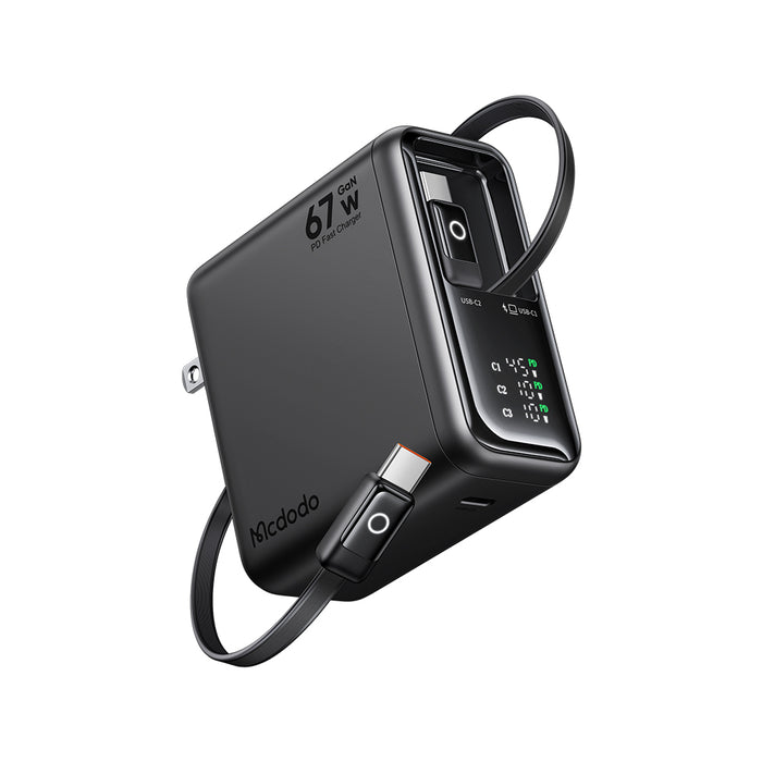شاحن GaN 67 واط A+C من Mcdodo مع عرض رقمي وكابل USB-C مزدوج قابل للسحب