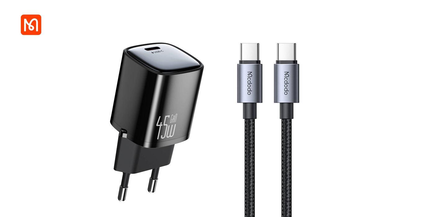 شاحن 45 واط 1C (EU) سريع مع كابل USB-C بطول 1.2 متر، مثالي للسفر والمنزل من Mcdodo