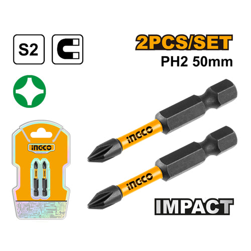 طقم روسية مفك 2 قطعة IMPACT صناعي 50 ملم PH2 مع مقابض مغناطيسية من INGCO