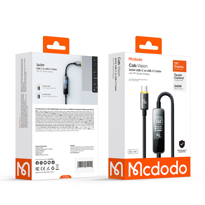 كابل USB-C إلى USB-C بقدرة 240 واط مع شاشة TFT عرض 1.2 متر سريع ومتعدد الوظائف من Mcdodo