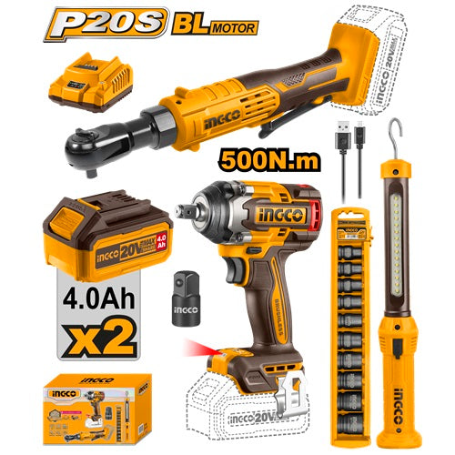 طقم درل بناشر 3 قطع عرض خاص INGCO 20 فولت، عزم 650Nm، محرك بدون فحمات ومصباح LED من INGCO