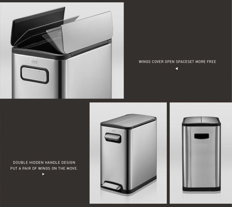 سلة مهملات إيكو إكوفلاي 30 لتر مع غطاء مزدوج وعجلات للفولاذ المقاوم للبصمات