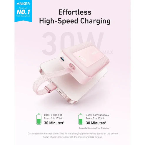 باور بانك Zolo أسود 10000MAH شحن سريع 30W مع كابل USB-C مدمج من Anker