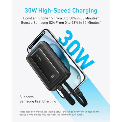 باور بانك 10000MAH 30W مع كابل USB-C وLightning مدمجان للشحن السريع اسود من Anker