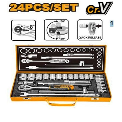 طقم بوكس 24 قطعة علبة حديد انكو بحجم socket 1/2" مصنوع من الفولاذ الكروم الفاناديوم من INGCO