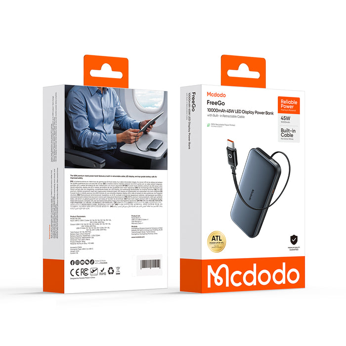 باور بانك 45 واط سعة 10000 مللي أمبير مع كابل USB-C قابل للسحب وشاشة LED من Mcdodo