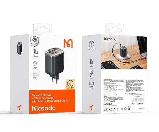 شاحن Mcdodo FreeGo 40 واط ذو شاشة رقمية وكابل USB-C قابل للسحب 65 سم من Mcdodo