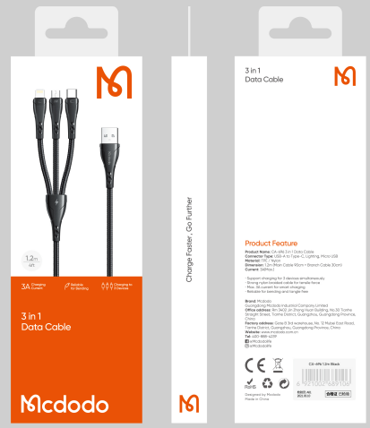 كيبل بيانات 3 في 1 USB-A إلى Lightning + Micro + Type-C بطول 1.2م شحن سريع 3 أمبير من Mcdodo